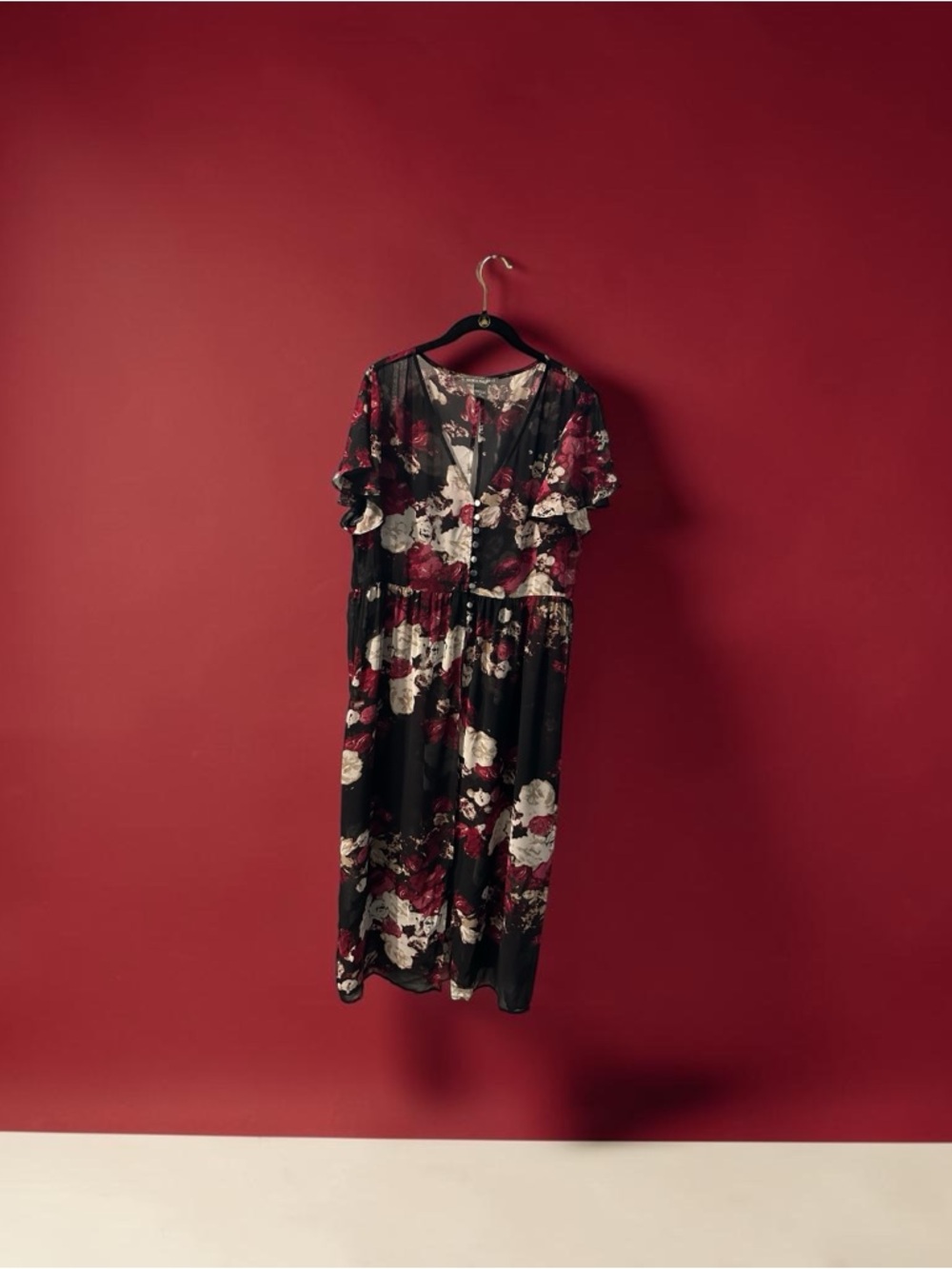 Kate& Mallory Black and Red Rose Sheer Overlay Flutter Sleeve Jacket/Dress XL